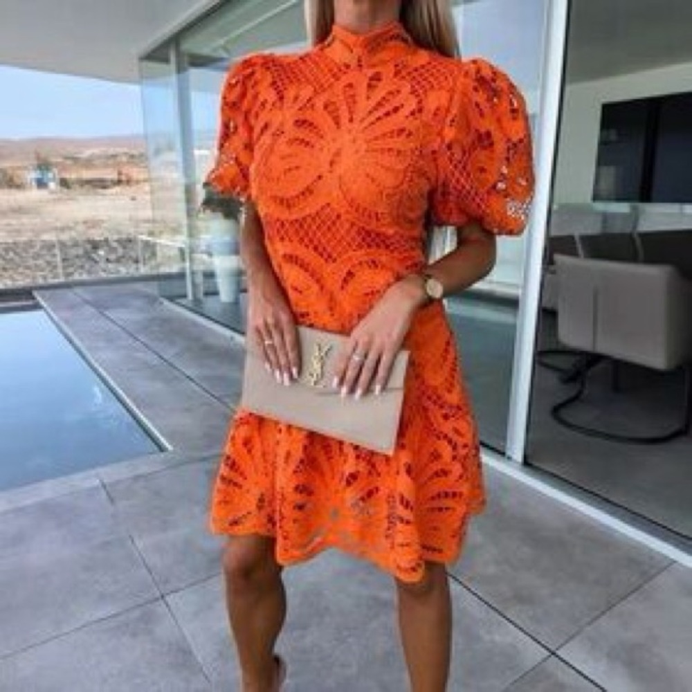 Commense High Neck Guipure Lace Mini Dress